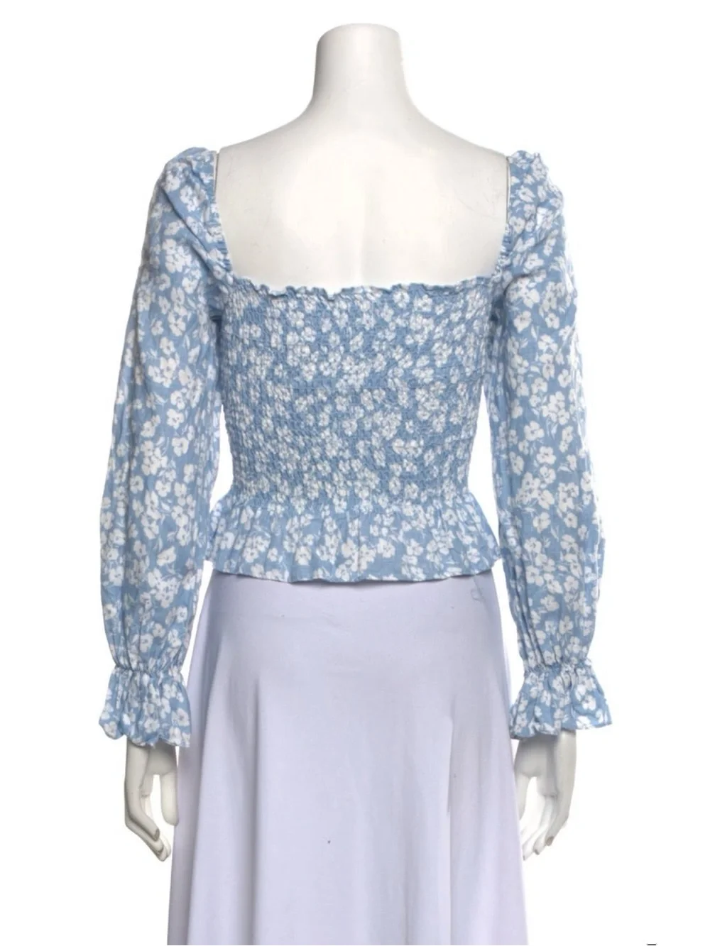 Reformation Blue Floral Linen Smocked Crop Top XS Cottagecore Coastal Chic